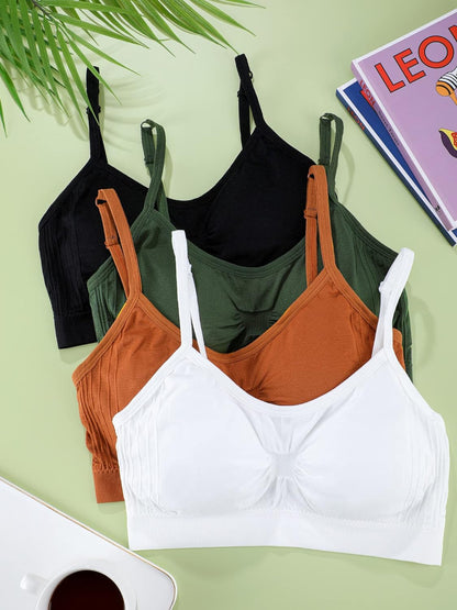 4 Pieces Bralette Neck Cami Bra Wireless Tank Top Bra Sports Bra for Women(Large-X-Large,Black, Dark Green, Brown, White)