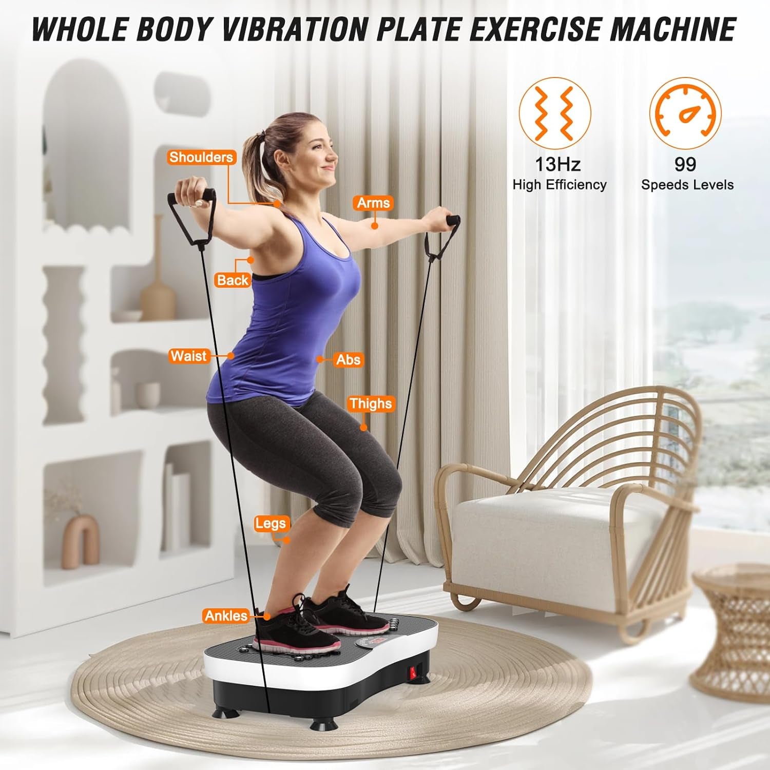 Vibration Plate Exercise Machine Whole Body Vibration Machine with Remote Control for Pain Relief, Lymphatic Drainage, Weight Loss(3 Resistance Loops/Resistance Bands)